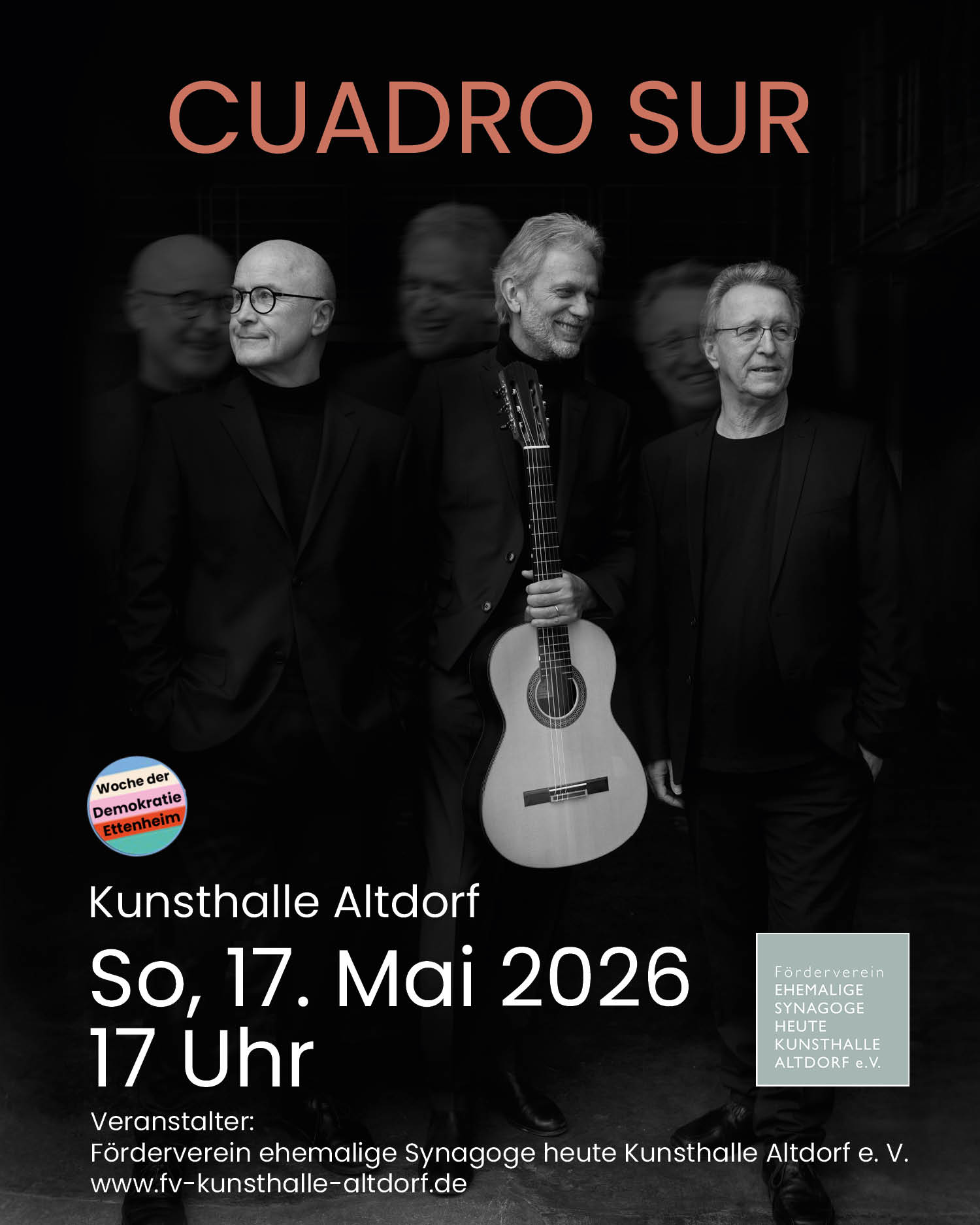 Das Plakat zeigt drei Musiker, der Mann in der Mitte hält eine Gitarre in der Hand. Das Bild wirkt sehr atmosphärisch in schwarzweiss.